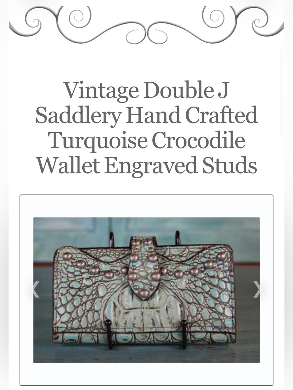 Vintage Double J Saddlery Hand Crafted Turquoise Crocodile Wallet Engraved Studs